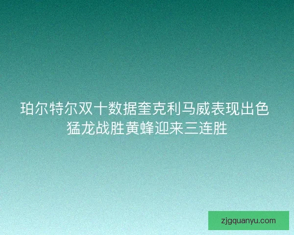 珀尔特尔双十数据奎克利马威表现出色 猛龙战胜黄蜂迎来三连胜